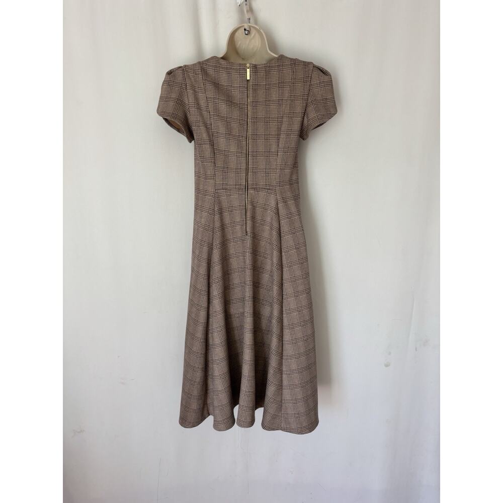 Vtg Calvin Klein Dress 4 Knee Fit & Flare Plaid Check Brown Soft Puff Sleeve - Picture 5 of 14